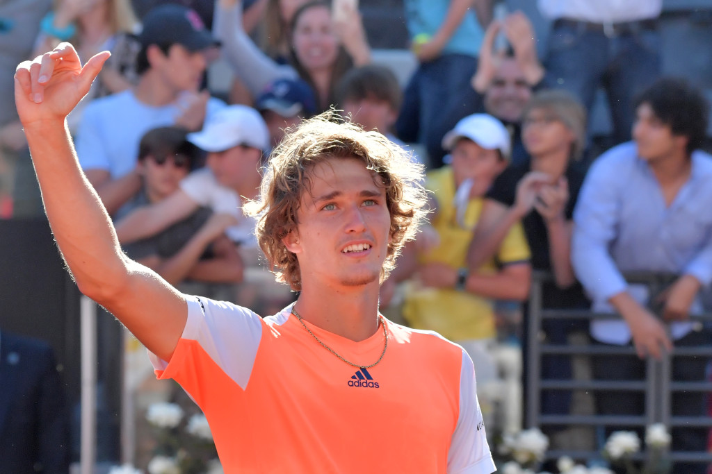 Alexander Zverev of Germany celebrates after winning the ATP Tennis Open final against Novak Djokovic of Serbia on May 21, 2017, at the Foro Italico in Rome.  / AFP PHOTO / Tiziana FABI
