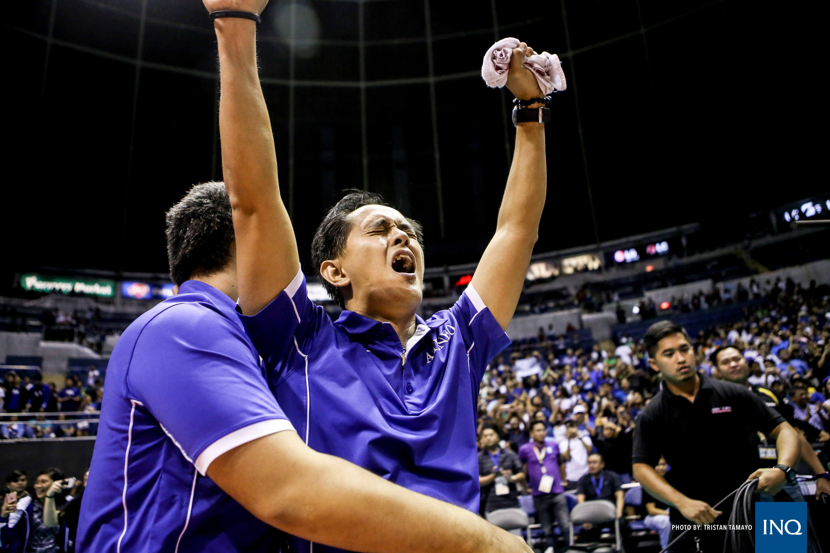 Ateneo head coach Oliver Almadro celebrates after leading the Blue Eagles to their third straight title after sweeping the National University Bulldogs in the UAAP Season 79 men's volleyball Finals on Saturday, May 6, 2017, at Smart Araneta Coliseum. Tristan Tamayo/INQUIRER.net