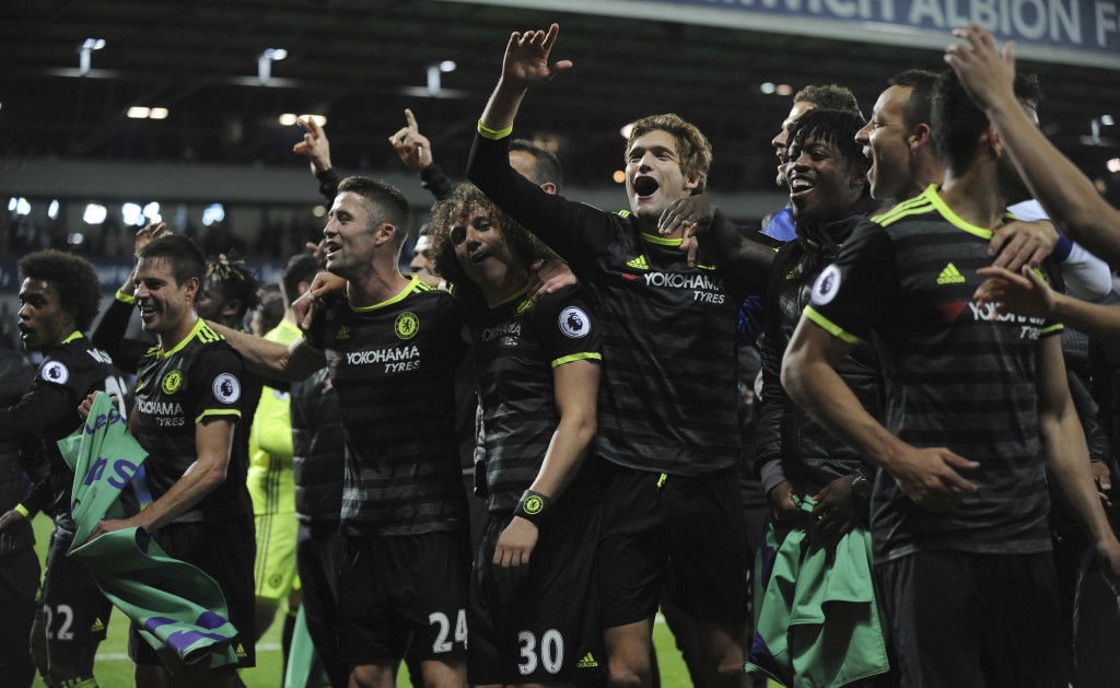 Chelsea's players celebrate after the English Premier League soccer match between West Bromwich Albion and Chelsea, at the Hawthorns in West Bromwich, England, Friday, May 12, 2017. Chelsea won the match 0-1 meaning they win the Premier League title. (AP Photo/Rui Vieira)