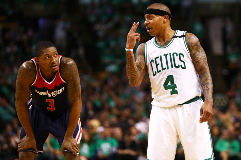 BOSTON, MA - MAY 10: Isaiah Thomas #4 of the Boston Celtics talks with Bradley Beal #3 of the Washington Wizards during the second quarter of Game Five of the Eastern Conference Semifinals at TD Garden on May 10, 2017 in Boston, Massachusetts. NOTE TO USER: User expressly acknowledges and agrees that, by downloading and or using this Photograph, user is consenting to the terms and conditions of the Getty Images License Agreement.   Maddie Meyer/Getty Images/AFP
