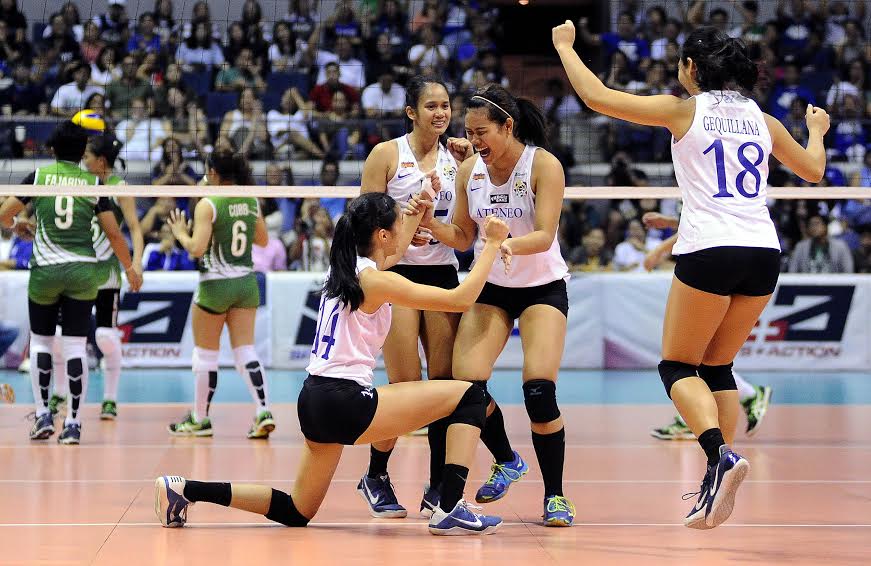 The Ateneo lady eagles celebrate a point in Game 1 of the UAAP Season 79 women's volleyball Finals against the La Salle Lady Spikers on Tuesday, May 2, 2017, at the Smart Araneta Coliseum. INQUIRER PHOTO/AUGUST DELA CRUZ