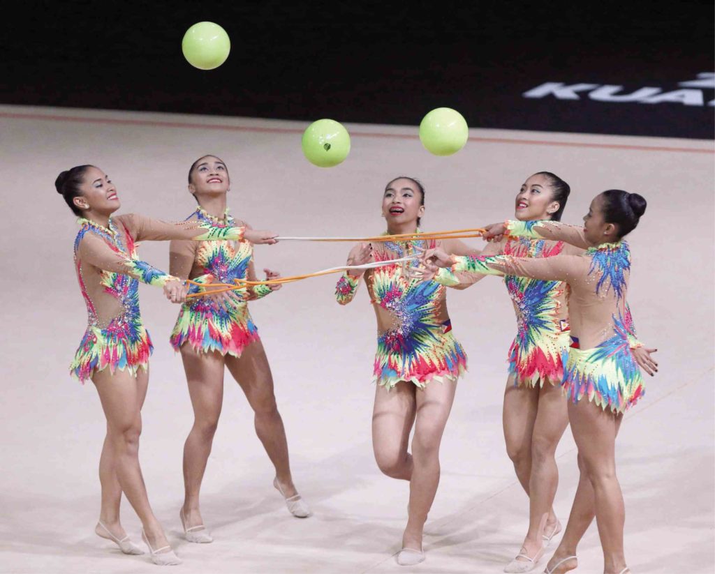 The Philippine rhythmic gymnastics team performs at the MiTEC Hall 9 & 10 during the 2017 Southeast Asian Games in Kuala Lumpur, Malaysia, on Monday. —MARIANNE BERMUDEZ