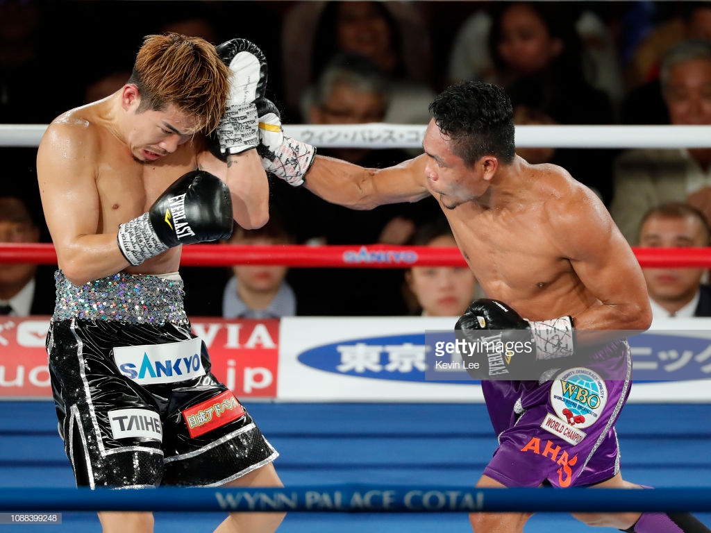 FILE–Donnie Nietes of Philippines exchanges blows with Kazuto Ioka of Japan during the WBO Super Flyweight Title Bout on December 31, 2018 in Macau, Macau. (Photo by Kevin Lee/Getty Images)