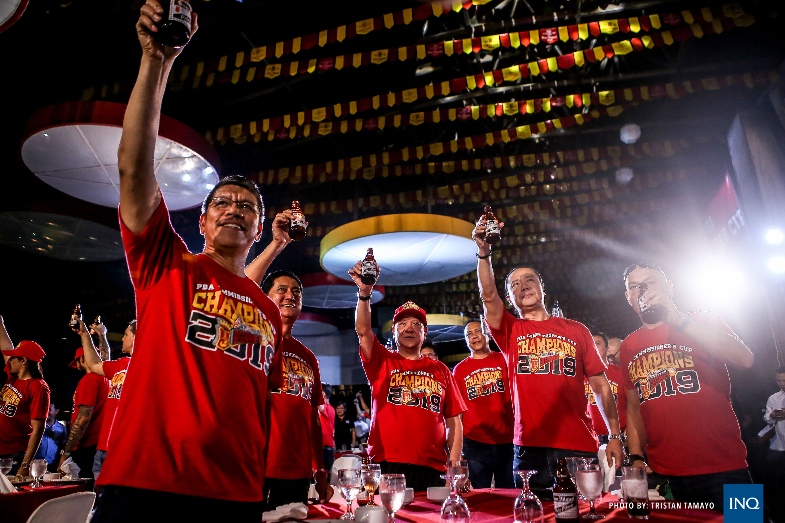 San Miguel executives along with head coach Leo Austria raise a toast. Photo by Tristan Tamayo/INQUIRER.net