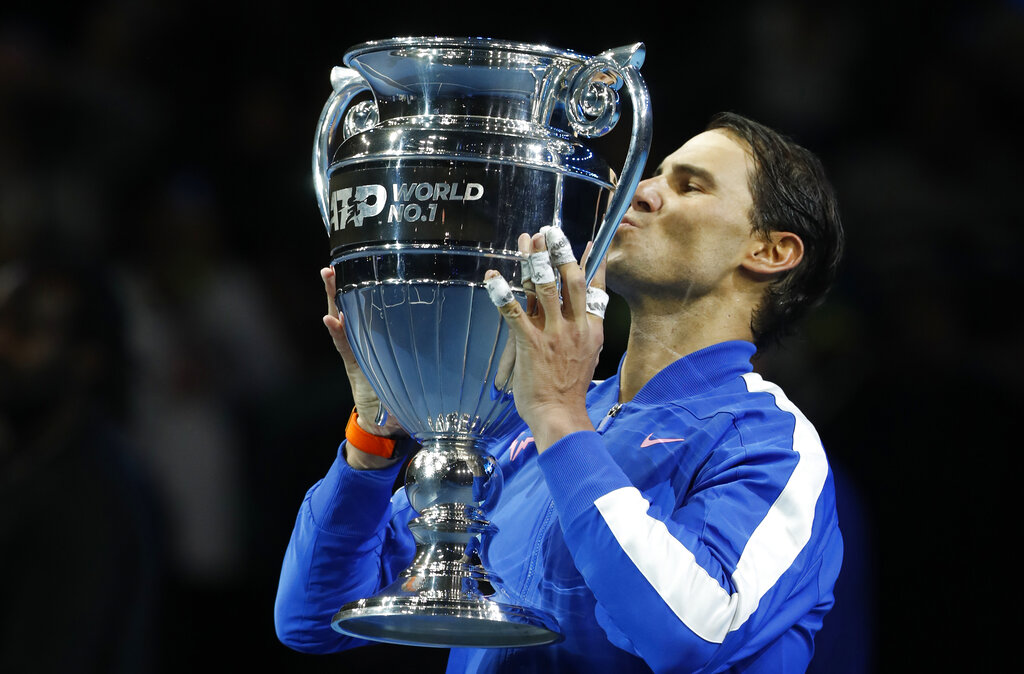Spain's Rafael Nadal lifts the ATP World Number 1 trophy 
