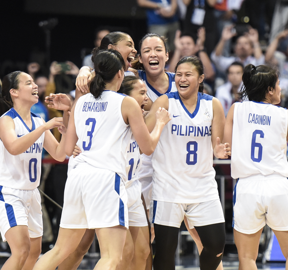 Philippines celebrates after defeating Thailand to claim the gold medal during the women's 5x5 basketball final at the 30th South East Asian Games 2019. I