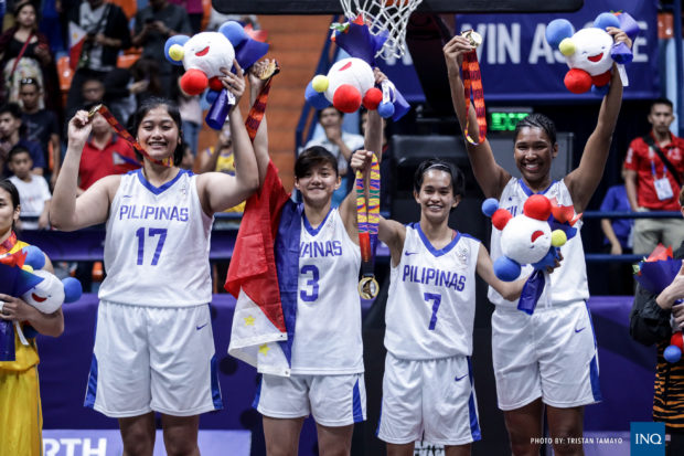 FILE–Women's 3x3 basketball team celebrate its gold medal victory in the 2019 SEA Games. Photo by Tristan Tamayo/INQUIRER.net