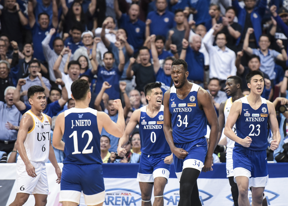 FILE–Ateneo celebrates after defeating UST to claim the UAAP 82 Men's Basketball Championship