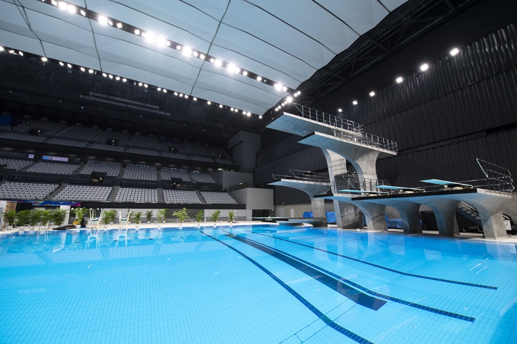 This picture shows a general view of the diving pool at the Tokyo Aquatics Centr
