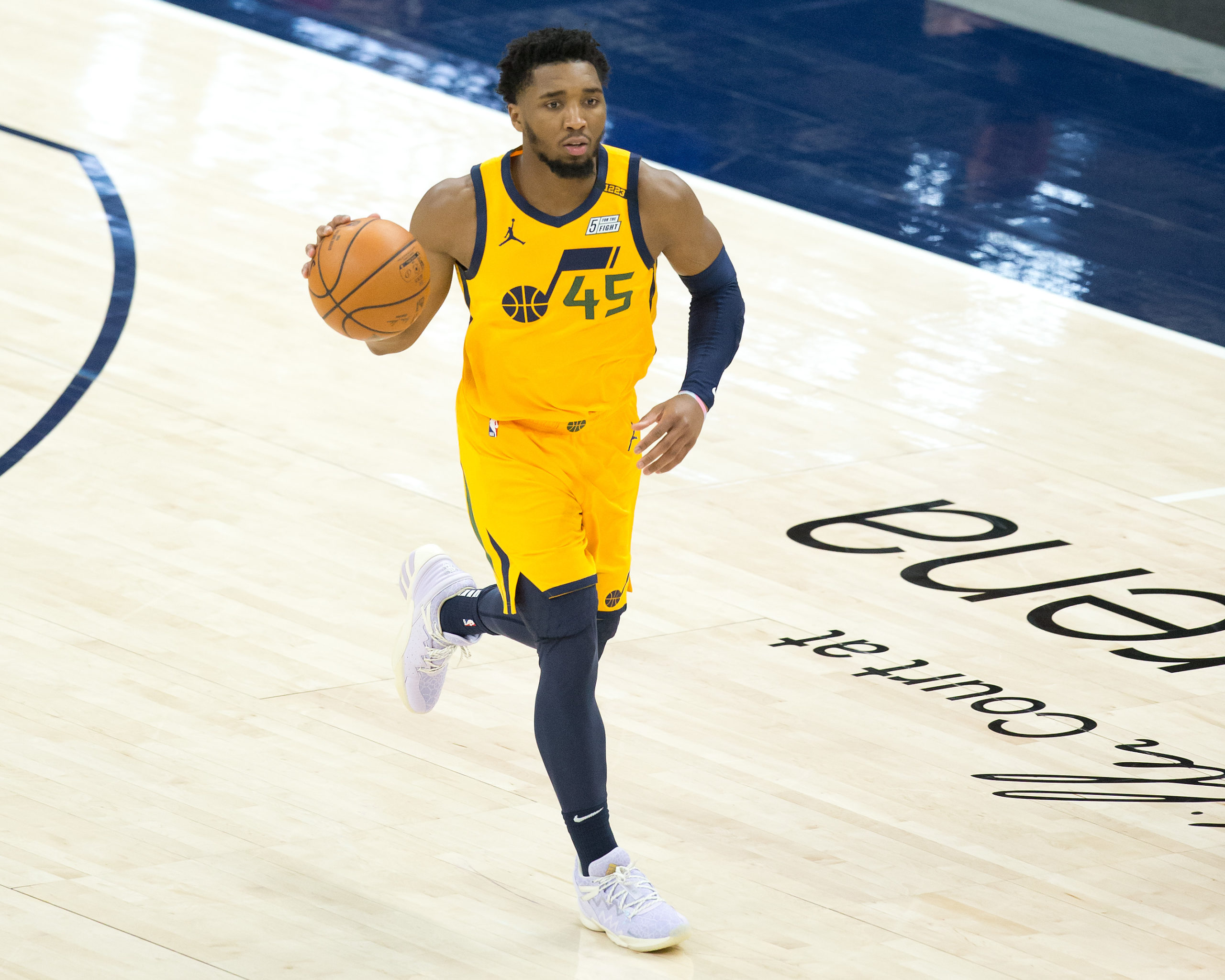 Utah Jazz guard Donovan Mitchell (45) dribbles up the court during the second half against the Memphis Grizzlies at Vivint Smart Home Arena. Russell Isabella-USA TODAY Sports