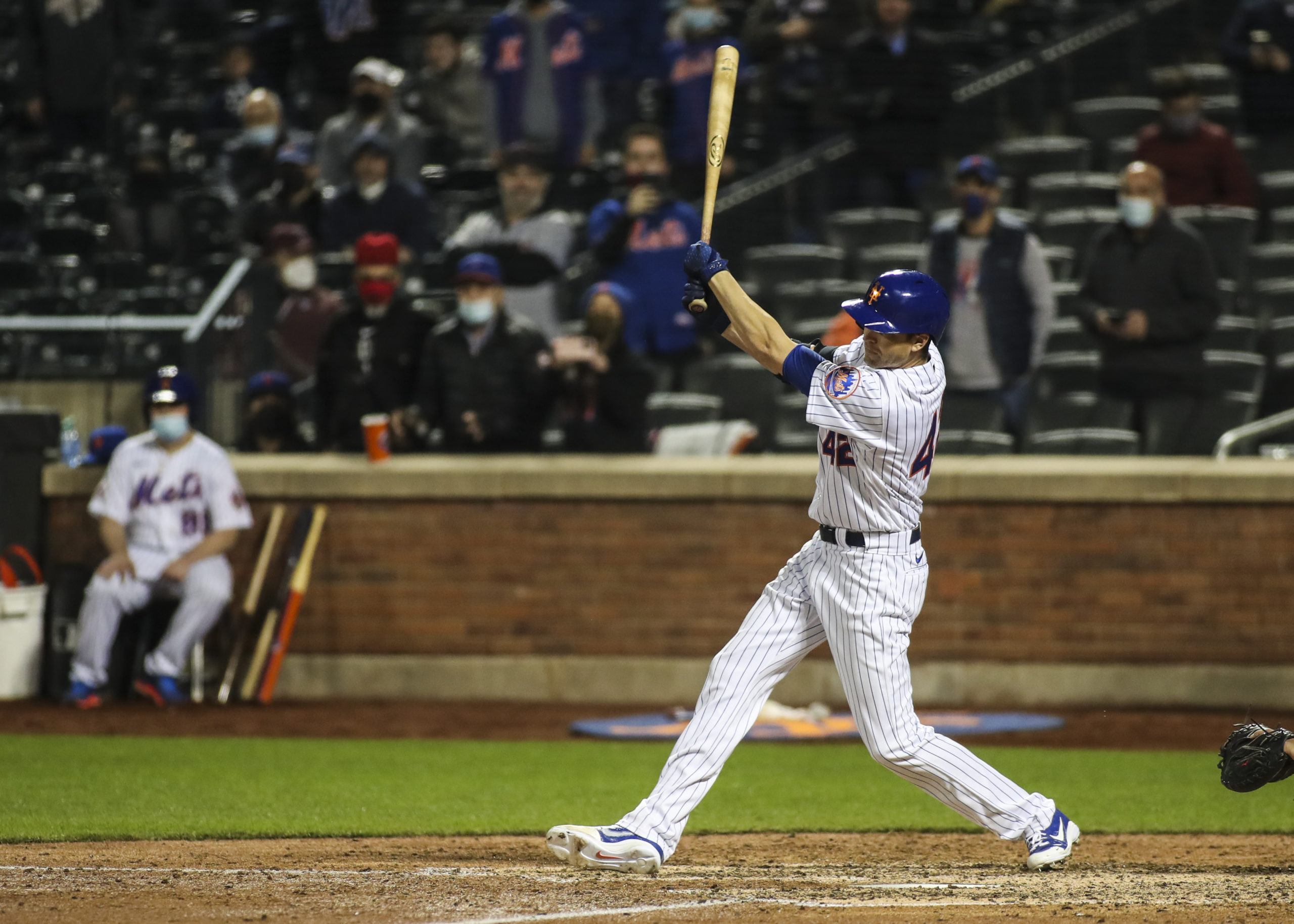 New York Mets pitcher Jacob deGrom hits a single in the eighth inning against the Washington Nationals MLB