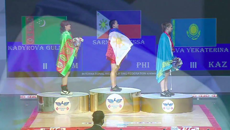 The Philippine Anthem played at the medal ceremony as Vanessa Sarno wins gold in the 71kg division of the Asian Weightlifting Championship.