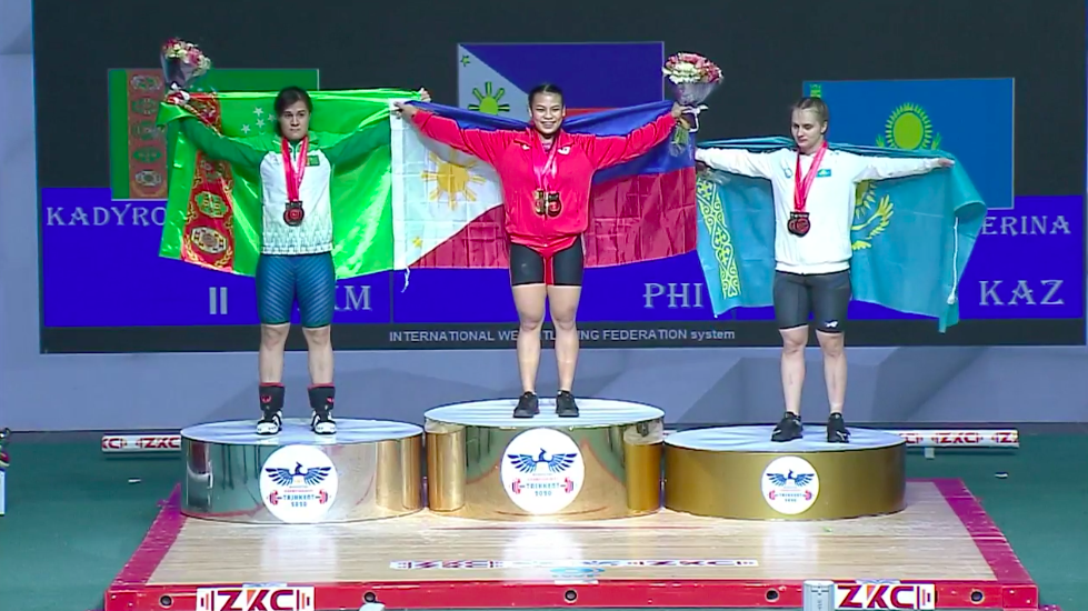 New Asian champion Vanessa Sarno on the podium for ruling the 71kg event of the Asian Weightlifting Championships
