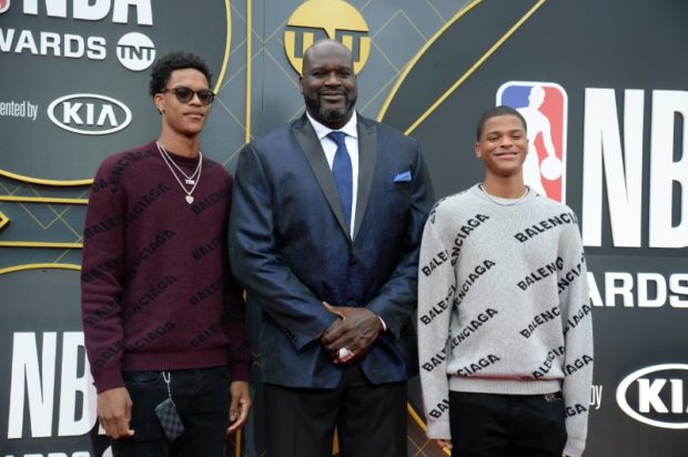 une 24, 2019; Los Angeles, CA, USA; NBA former player Shaquille O'Neal with sons Sharif O'Neal and Shaqir O'Neal arrive on the red carpet for the 2019 NBA Awards show at Barker Hanger. Mandatory Credit: Gary A. Vasquez-USA TODAY Sports