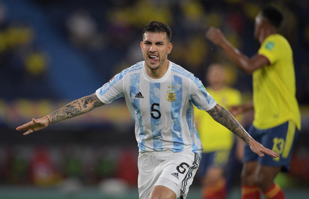 Argentina's Leandro Paredes celebrates after scoring against Colombia during their South American 