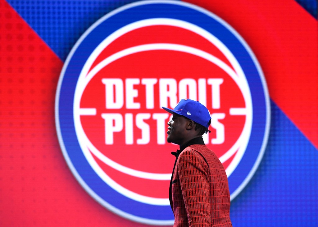 Sekou Doumbouya reacts after being drafted with the 15th overall pick by the Detroit Pistons during the 2019 NBA Draft at the Barclays Center on June 20, 2019 