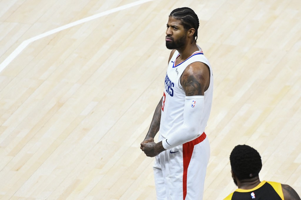 Paul George #13 of the Los Angeles Clippers celebrates a basket in Game Five of the Western Conference second-round playoff series against the Utah Jazz 