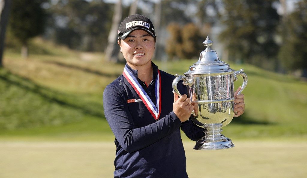 Yuka Saso of the Philippines celebrates with the Harton S. Semple Trophy after winning the 76th U.S. Women's Open Championship at The Olympic Club