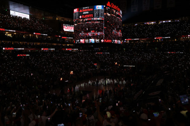 The lights on the court go out as play resumes with just under two minutes left in the fourth quarter in game 6 of the Eastern Conference Semifinals between the Atlanta Hawks and the Philadelphia 76ers at State Farm Arena on June 18, 2021 in Atlanta, Georgia. NOTE TO USER: User expressly acknowledges and agrees that, by downloading and or using this photograph, User is consenting to the terms and conditions of the Getty Images License Agreement. Kevin C. Cox/Getty Images/AFP (Photo by Kevin C. Cox / GETTY IMAGES NORTH AMERICA / Getty Images via AFP)