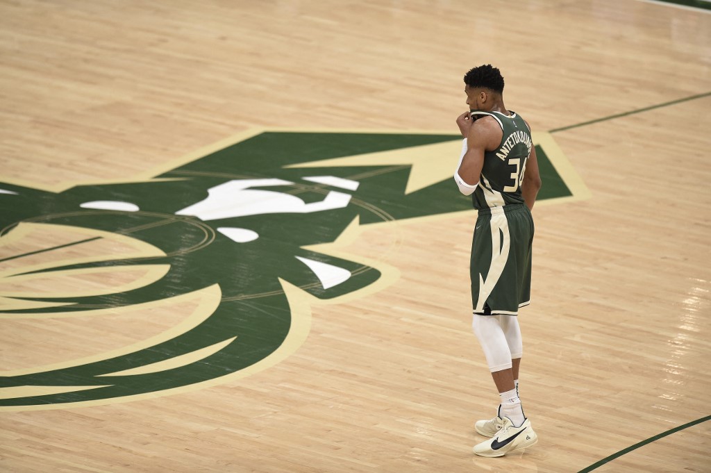 Giannis Antetokounmpo #34 of the Milwaukee Bucks looks on against the Atlanta Hawks during the second quarter in game one of the Eastern Conference Finals