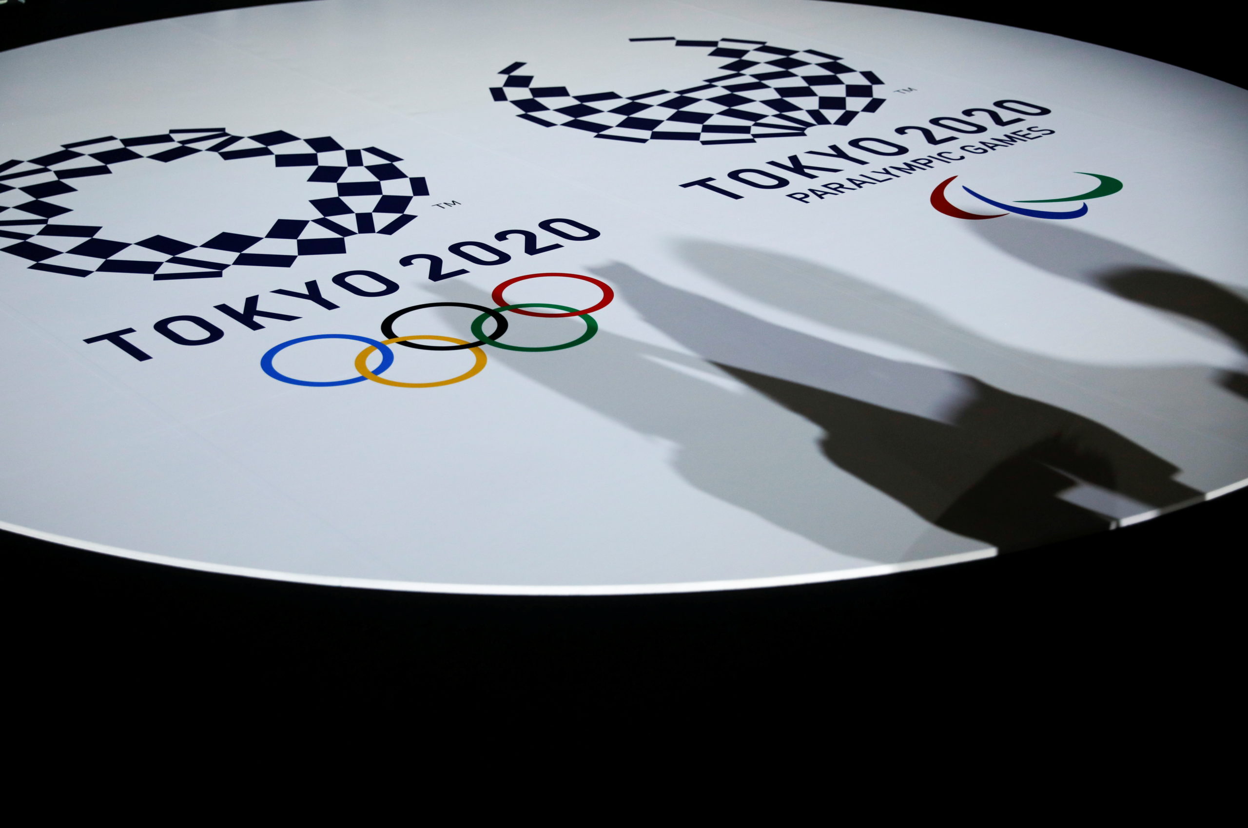 The emblems of the Tokyo 2020 Olympic and Paralympic Games are displayed during an unveiling event of the items that will be used for the victory ceremonies
