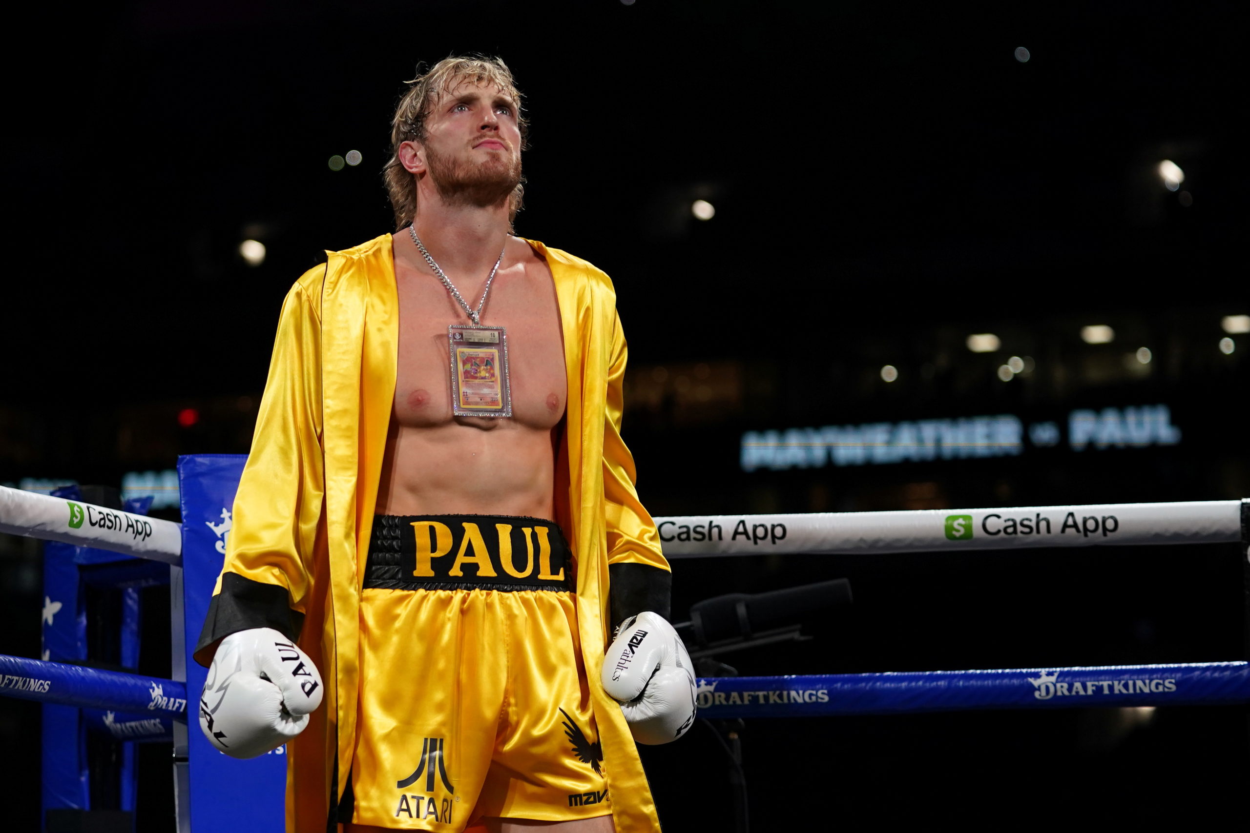 Logan Paul (Yellow Trunks) stands in the ring prior to an exhibition boxing match against Floyd Mayweather Jr. 