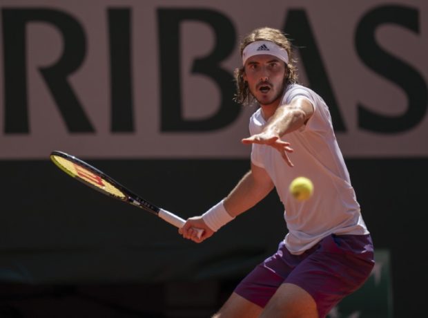 Stefanos Tsitsipas (GRE) in action during his semifinal match against Alexander Zverev (GER) on day 13 of the French Open at Stade Roland Garros. Mandatory Credit: Susan Mullane-USA TODAY Sports