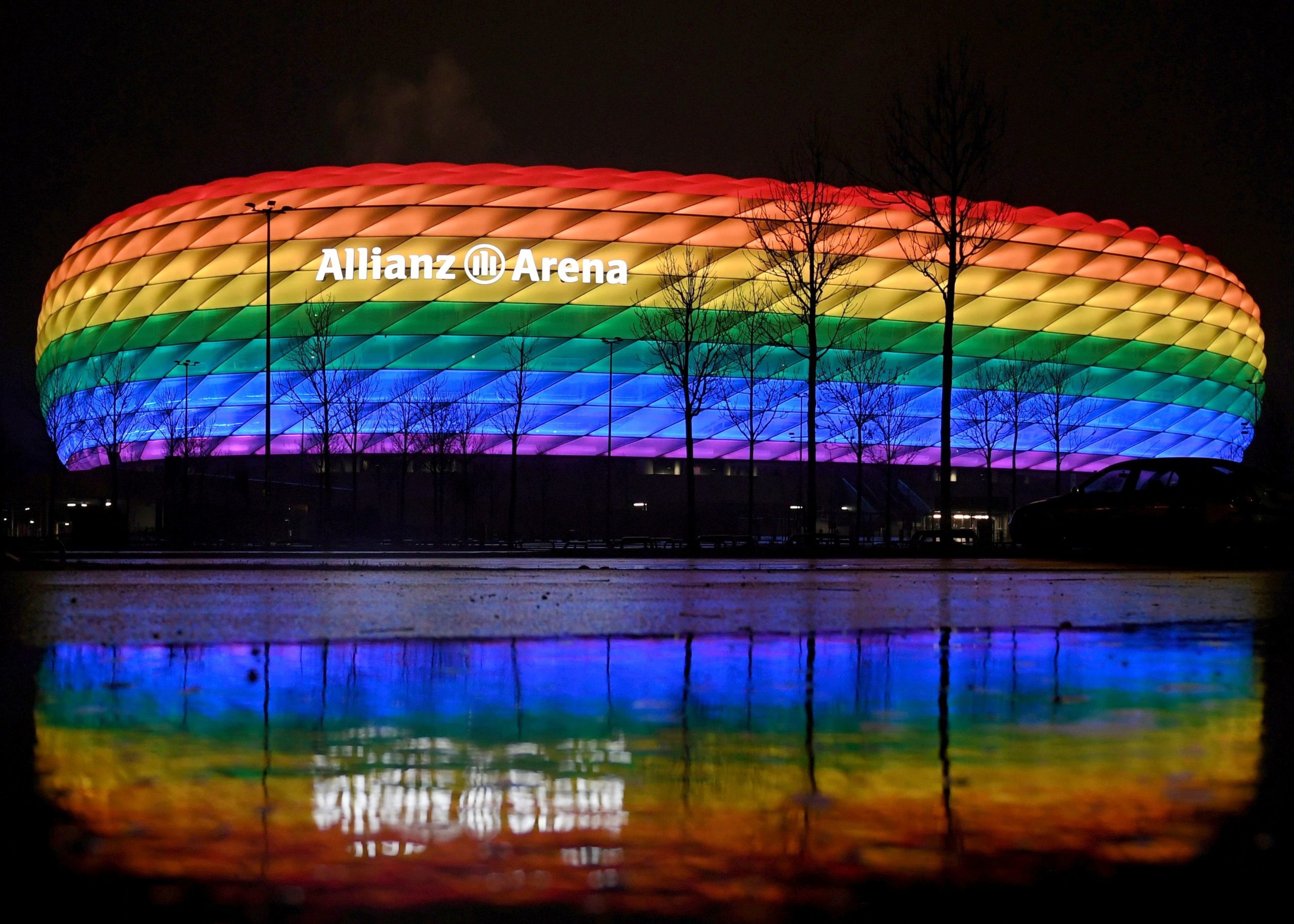 General view outside the stadium in rainbow colours after the match Pool via REUTERS/Andreas Gebert DFL regulations prohibit any use of photographs as image sequences and/or quasi-video.