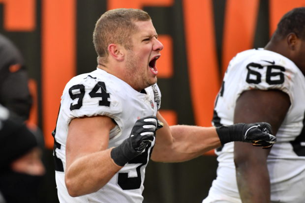 FILE PHOTO: Nov 1, 2020; Cleveland, Ohio, USA; Las Vegas Raiders defensive end Carl Nassib (94) celebrates after the Raiders beat the Cleveland Browns at FirstEnergy Stadium. Mandatory Credit: Ken Blaze-USA TODAY Sports/File Photo
