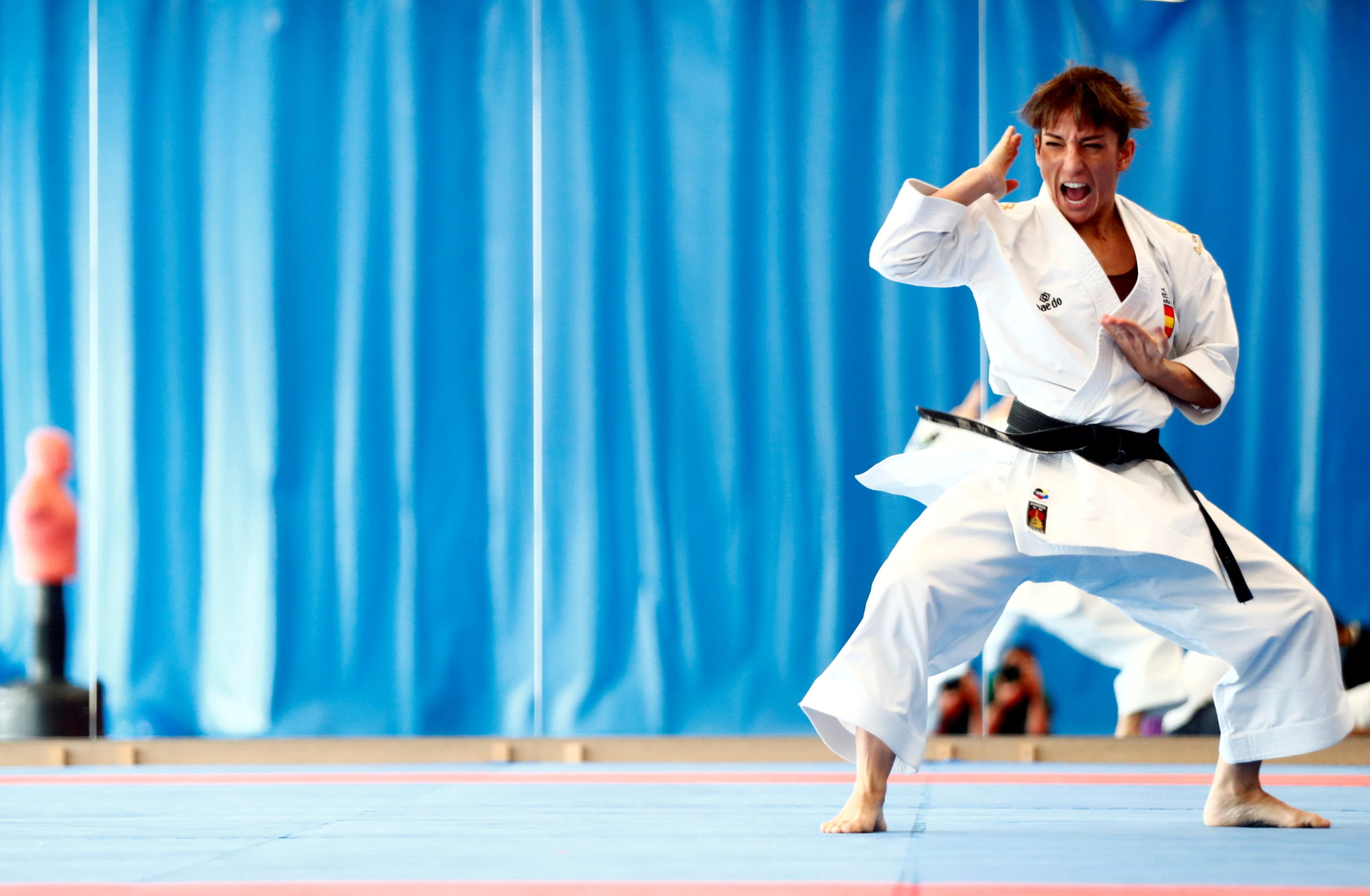 FILE PHOTO: Spain's Karate kata athlete Sandra Sanchez, current World and European Champion, strikes a pose during a training session in Madrid while preparing for the upcoming Tokyo Olympic Games