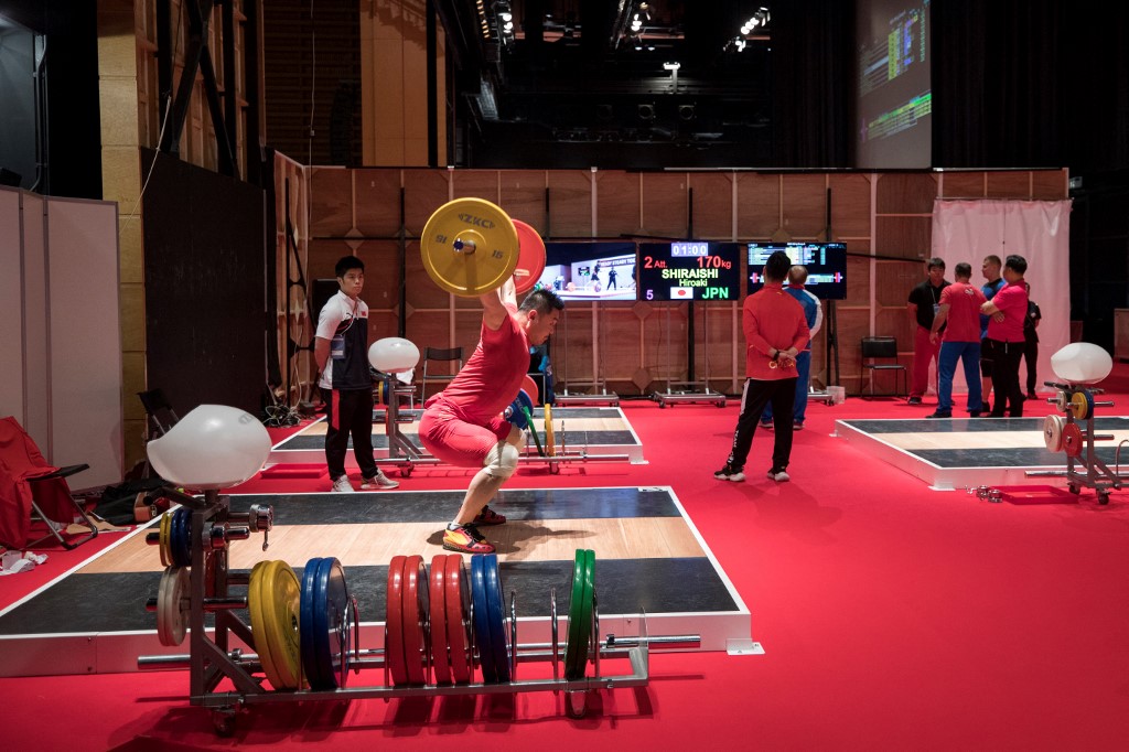 This picture shows the weightlifting warming-up area at Tokyo International Forum, a venue for the upcoming Tokyo 2020 Olympic Games, in Tokyo on July 7, 2019