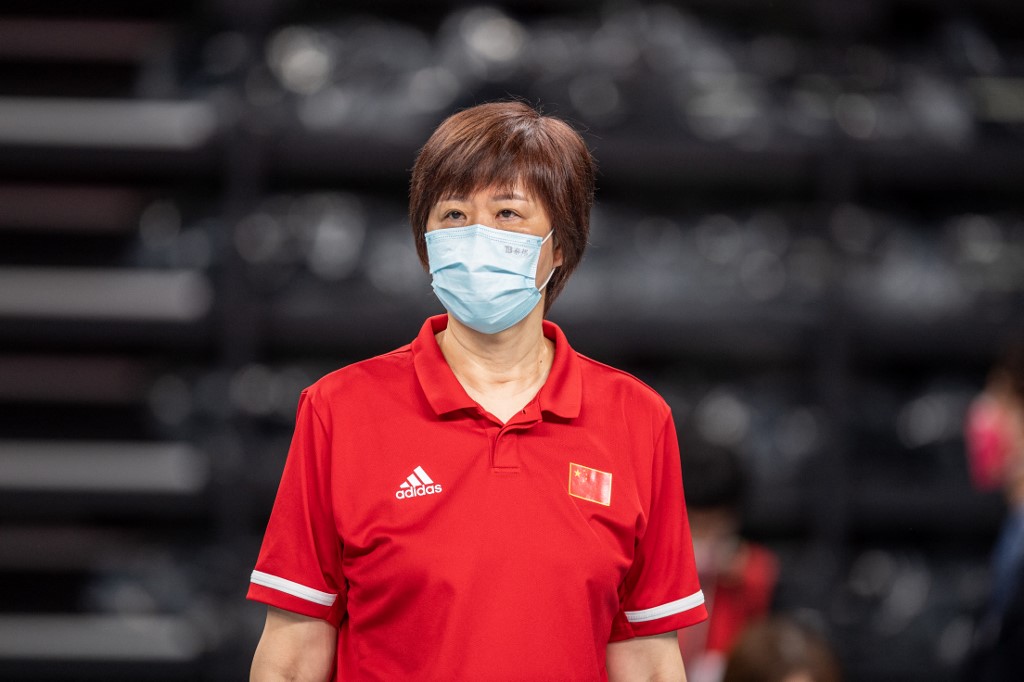 Chins's coach Lang Ping looks on before the International Volleyball Games' Tokyo Challenge 2021 women's match between Japan and China, which doubles as a test event for the 2020 Tokyo Olympics, at the Ariake Arena in Tokyo on May 1, 2021