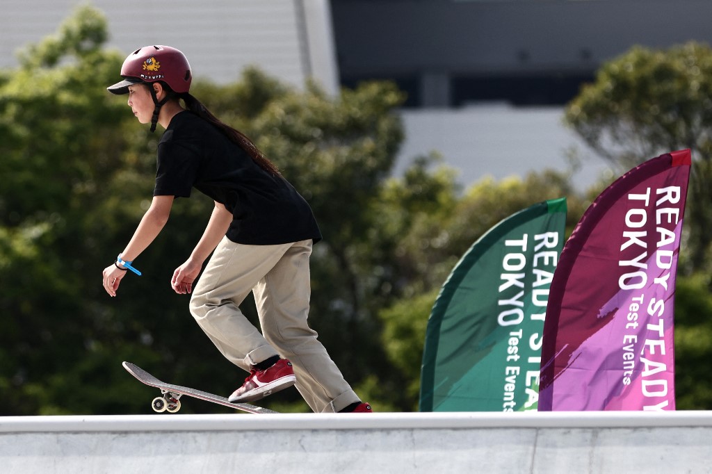Miyu Ito of Japan competes in the women's street skateboarding during a test event for the Tokyo 2020 Olympic Games at Ariake Urban Sports Park in Tokyo on May 14, 2021. 