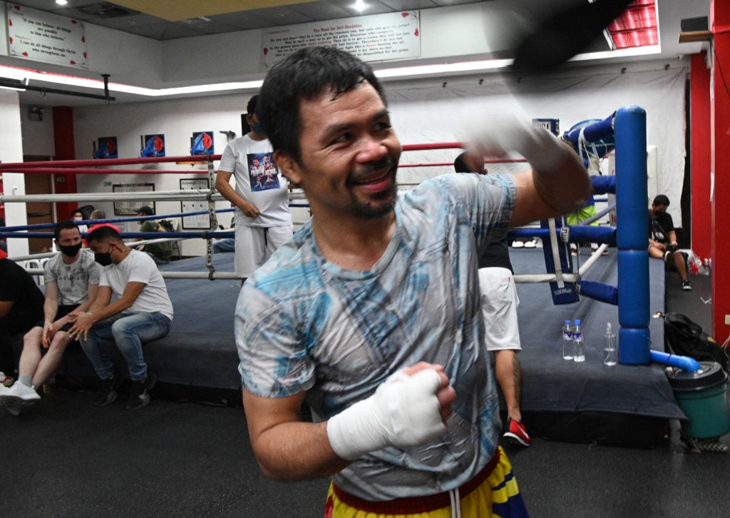 This photo taken on June 22, 2021 shows Philippine boxing legend and Senator Manny Pacquiao training at his gym in the city of General Santos in southern island of Mindanao for his upcoming bout against Errol Spence of the US