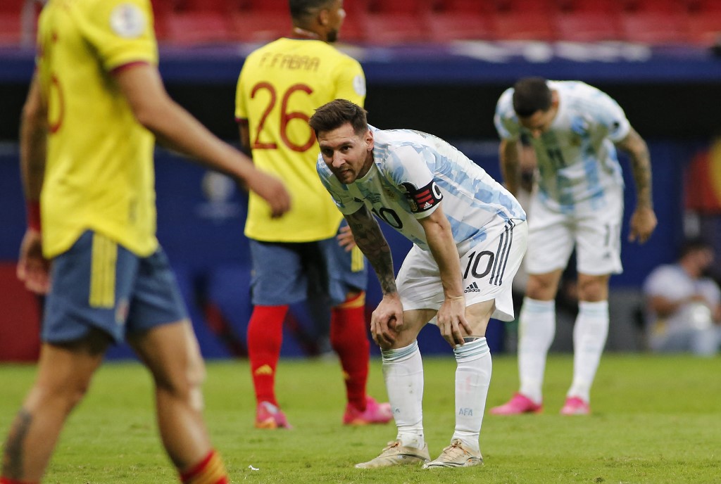 Argentina's Lionel Messi gestures during the Conmebol 2021 Copa America football tournament semi-final match against Colombia at the Mane Garrincha Stadium in Brasilia, Brazil, on July 6, 2021.