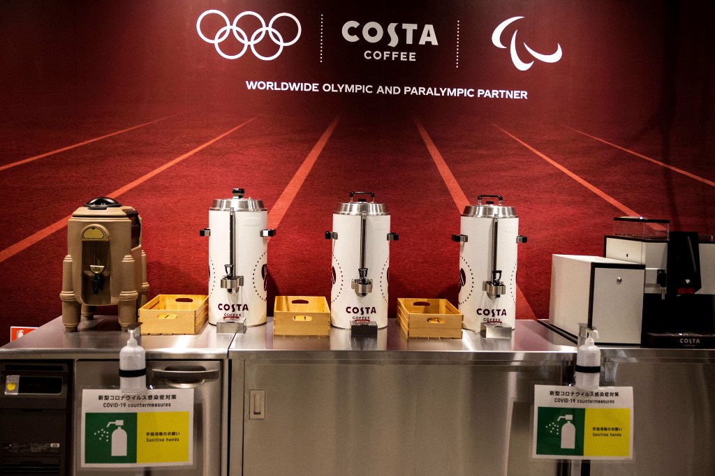  This file photo taken on June 20, 2021 shows a view of coffee makers at the main dining hall of the Olympic Village during a media tour of the Tokyo 2020 Olympic and Paralympic Village in Tokyo. 