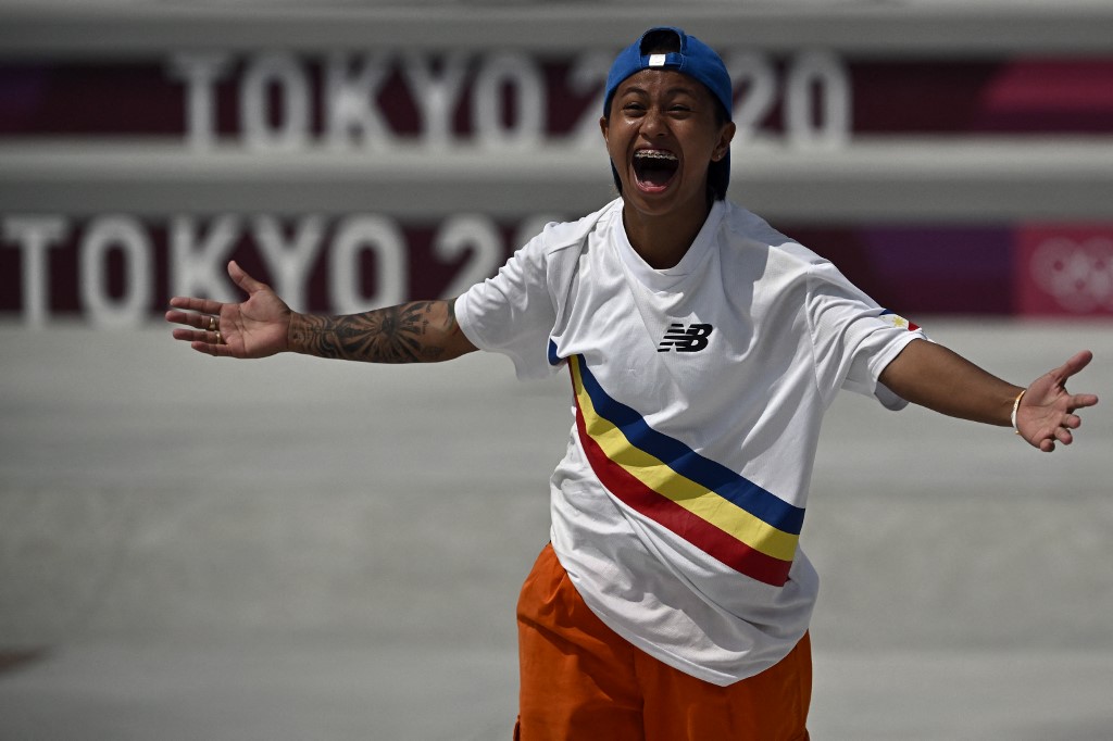 Philippines' Margielyn Arda Didal reacts as she competes in the women's street preliminary round during the Tokyo 2020 Olympic Games at Ariake Sports Park Skateboarding in Tokyo on July 26, 2021.