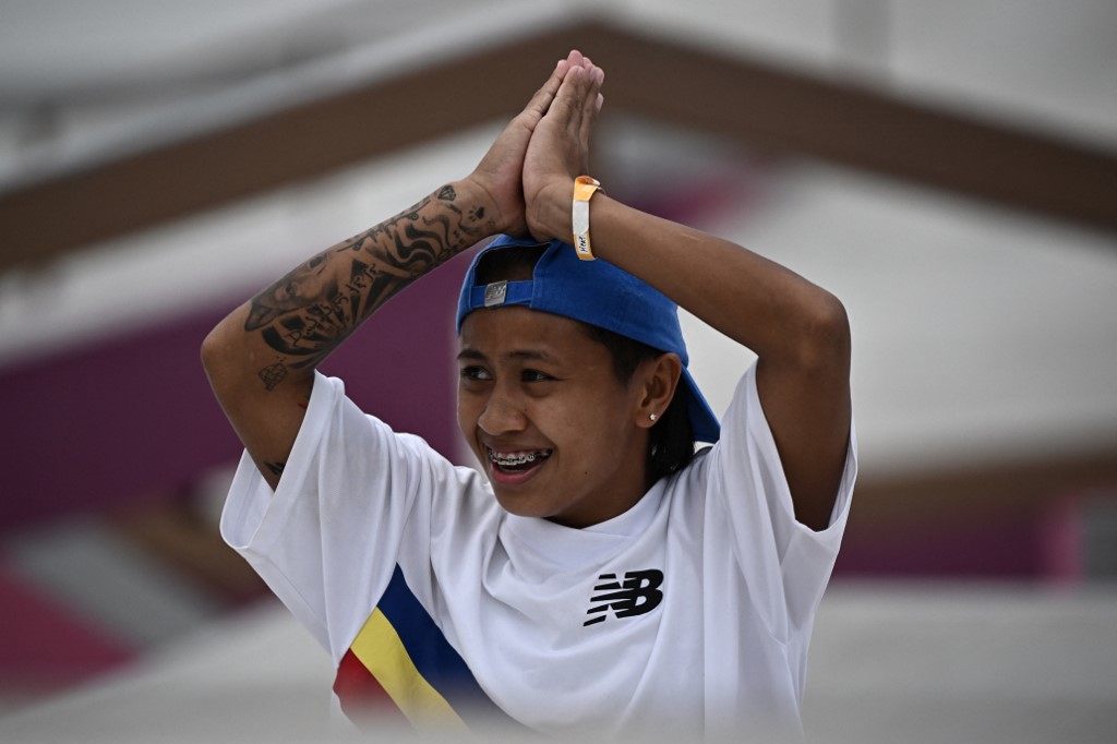Philippines' Margielyn Arda Didal reacts after her first run in the skateboarding women's street final of the Tokyo 2020 Olympic Games at Ariake Sports Park in Tokyo on July 26, 2021