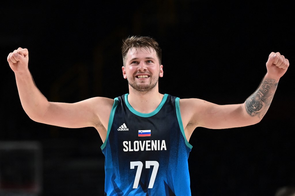 Slovenia's Luka Doncic reacts during the men's preliminary round group C basketball match between Argentina and Slovenia of the Tokyo 2020 Olympic Games at the Saitama Super Arena in Saitama on July 26, 2021.