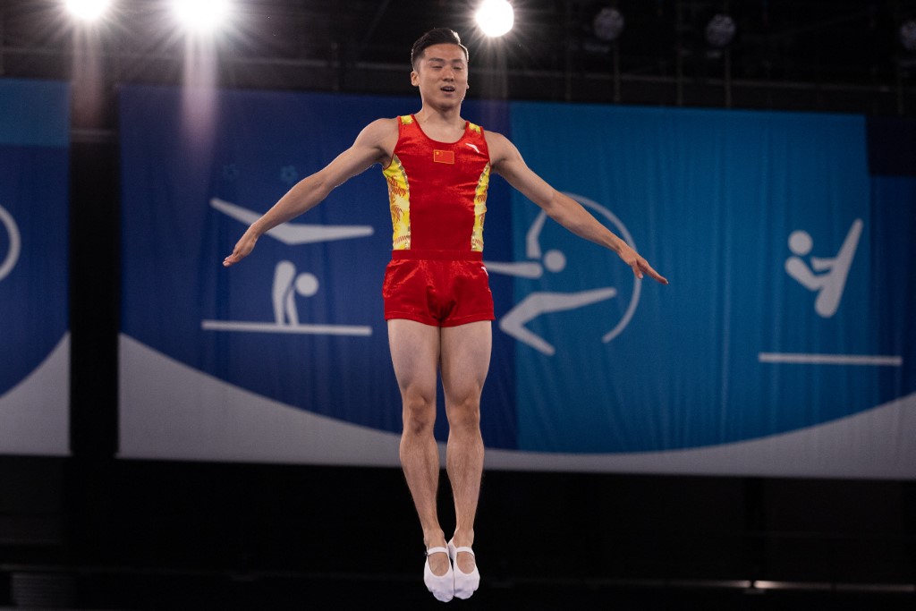 China's Dong Dong competes in the trampoline gymnastics men's final at the Ariake Gymnastics Centre during the Tokyo 2020 Olympic Games in Tokyo on July 31, 2021.