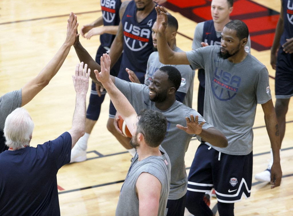 Head coach Gregg Popovich, Kevin Love #11, Draymond Green #14, Damian Lillard #6 and Kevin Durant #7 of the 2021 USA Basketball Men's National Team practice at the Mendenhall Center at UNLV as the team gets ready for the Tokyo Olympics on July 7, 2021 in Las Vegas, Nevada.   