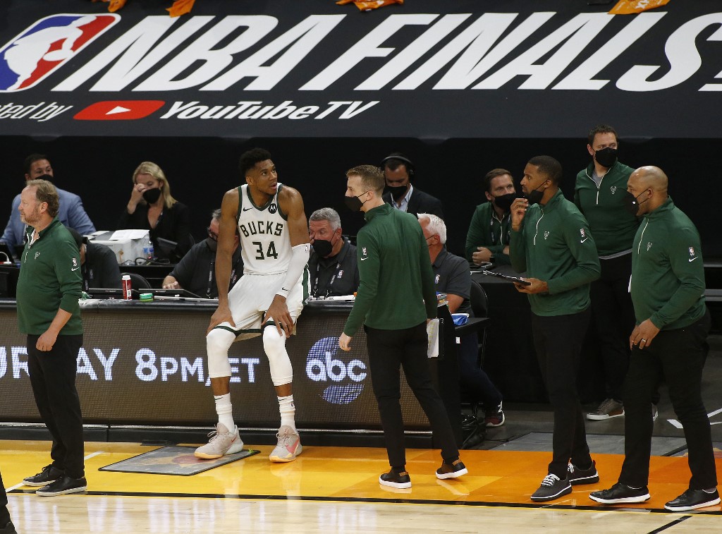 Giannis Antetokounmpo #34 of the Milwaukee Bucks looks on during the second half in Game Two of the NBA Finals against the Phoenix Suns at Phoenix Suns Arena on July 08, 2021 in Phoenix, Arizona. 