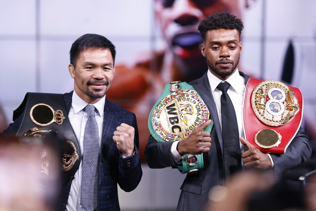 Manny Pacquiao and Errol Spence Jr pose for the media following their press conference at Fox Studios on July 11, 2021 in Los Angeles, California. Their fight is scheduled on Aug. 21, 2021 at T-Mobile Arena in Las Vegas, Nevada