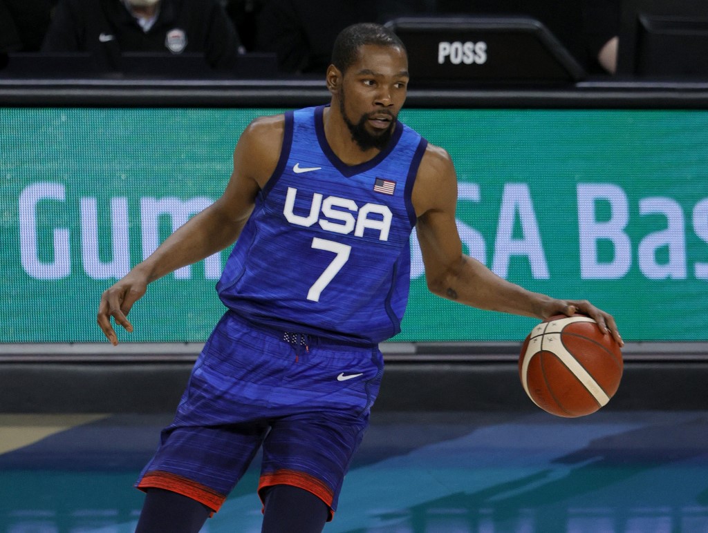 Kevin Durant #7 of the United States brings the ball up the court against the the Australia Boomers during an exhibition game at Michelob Ultra Arena ahead of the Tokyo Olympic Games on July 12, 2021 in Las Vegas, Nevada. 