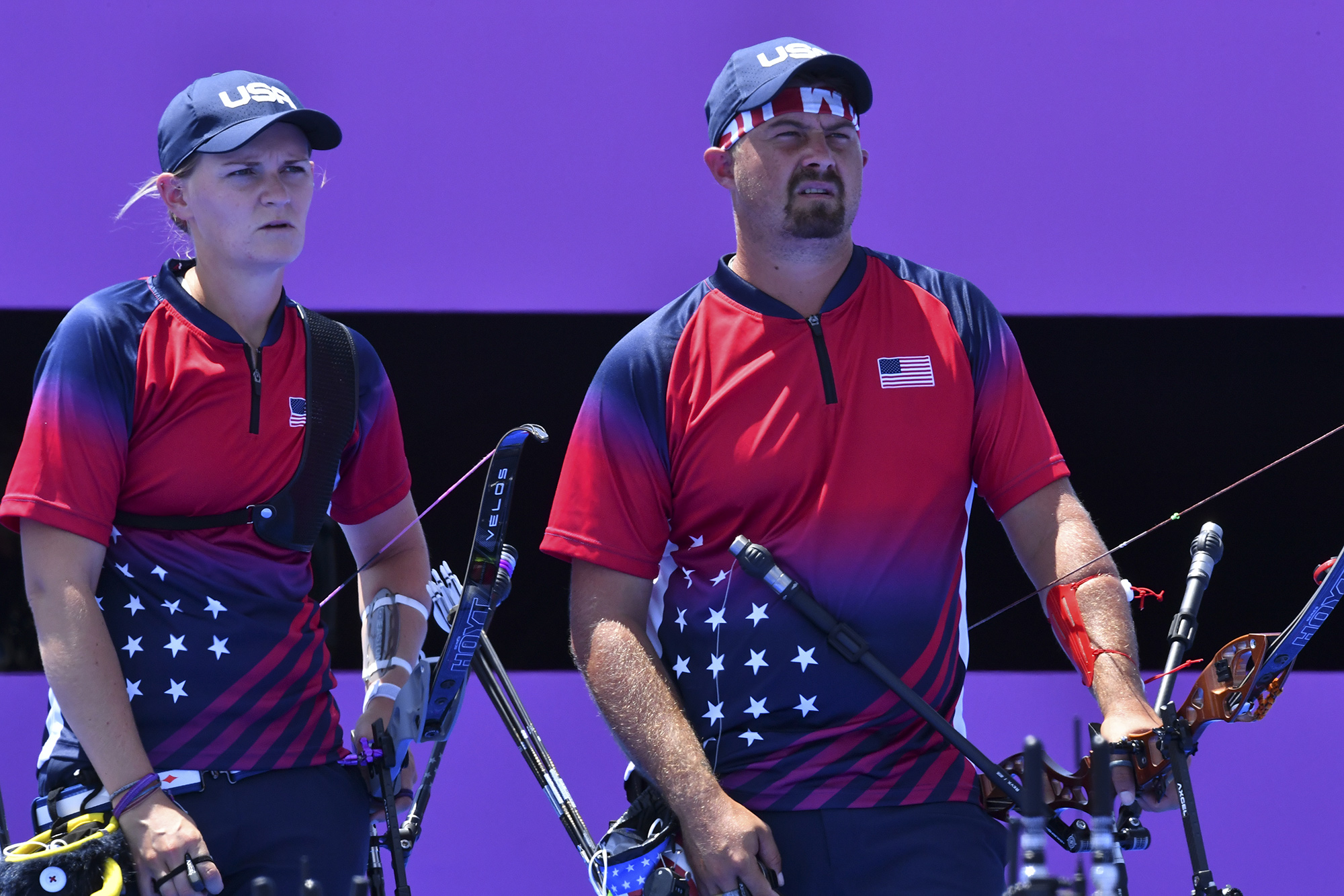 Tokyo 2020 Olympics - Archery - Mixed Team - 1/8 Finals - Yumenoshima Archery Field, Tokyo, Japan - July 24, 2021. Mackenzie Brown of the United States and Brady Ellison of the United States during competition REUTERS/Clodagh Kilcoyne