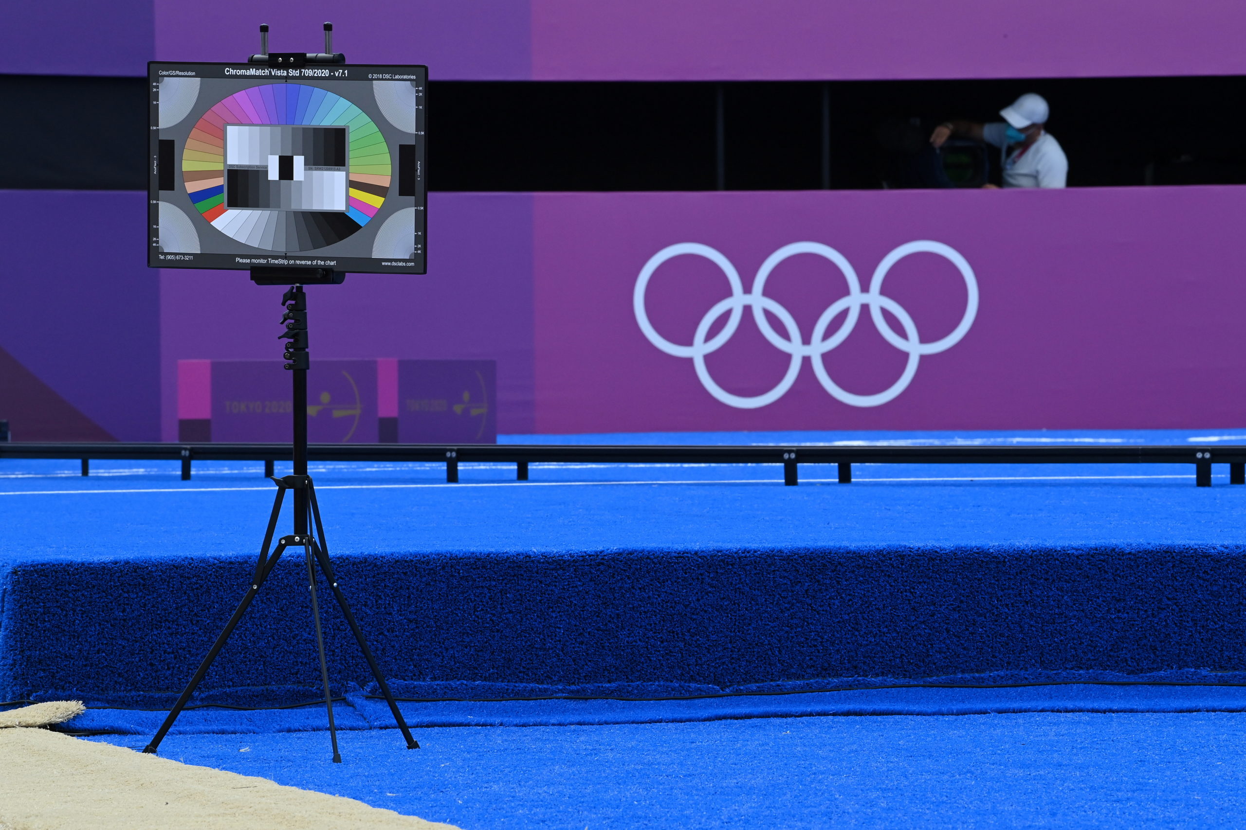 FILE PHOTO: A colour chroma match screen for TV is seen in the field of play before archers arrive at Yumenoshima Archery Field, during the Tokyo 2020 Olympic Games in Tokyo, Japan, July 25, 2021. 