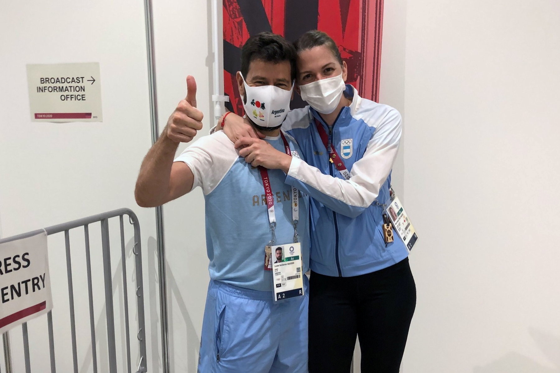 Argentine fencer Maria Belen Perez Maurice hugs her coach of 17 years, Lucas Guillermo Saucedo, after he proposed marriage to her on the sidelines of the Olympic fencing at Makuhari Messe Hall in Chiba, Japan July 26, 2021.