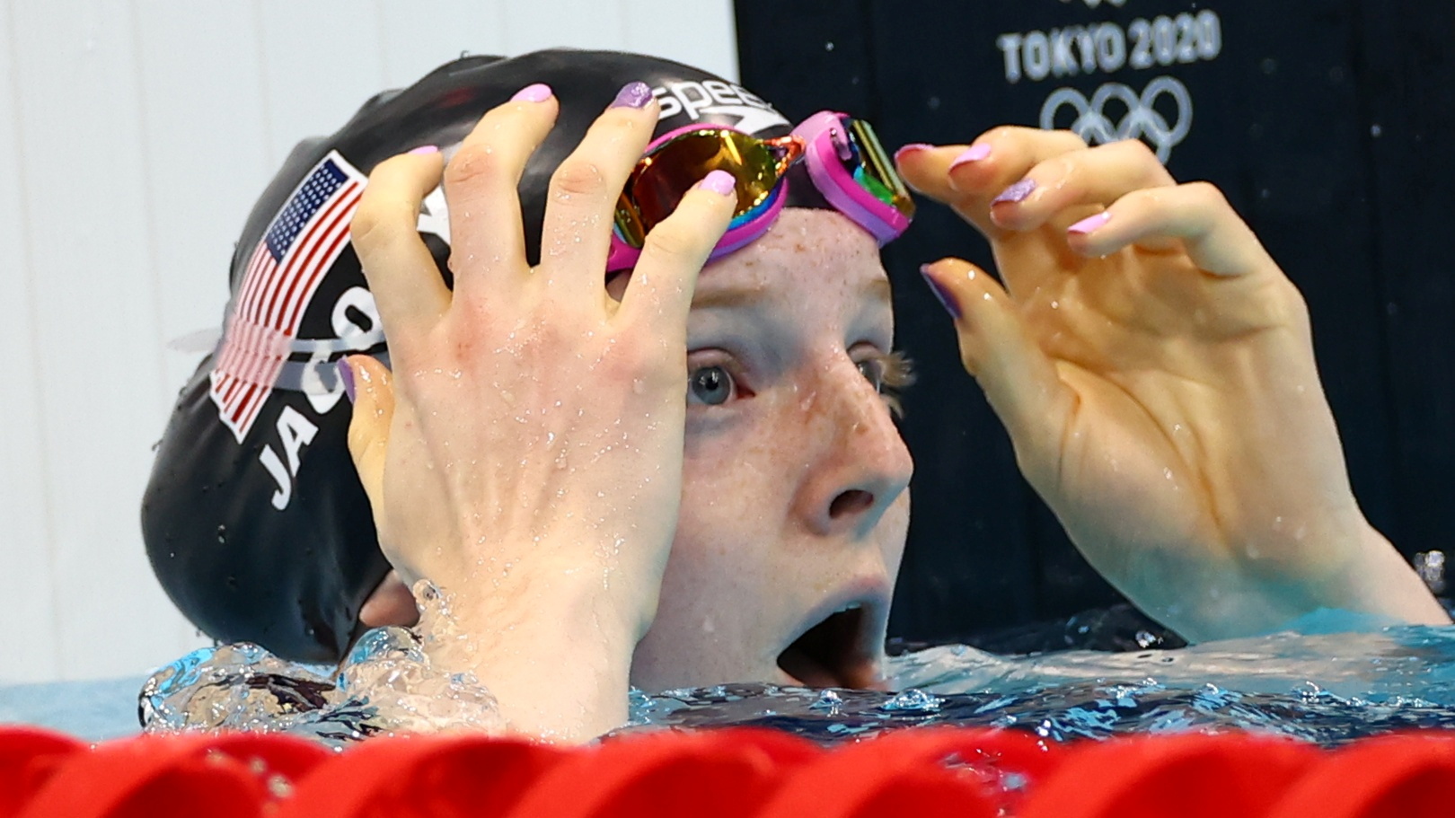Lydia Jacoby of the United States reacts after winning the gold medal 