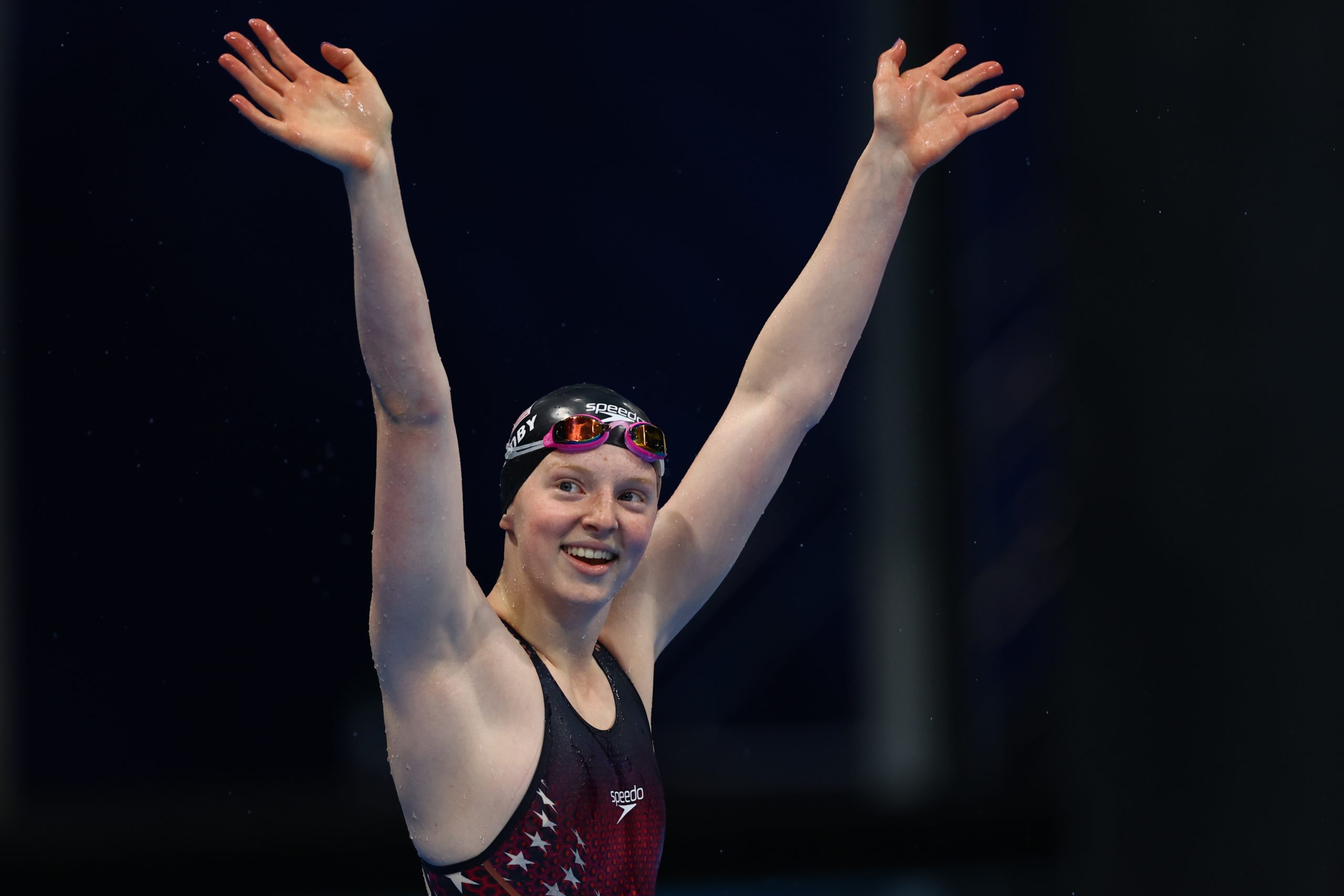   Lydia Jacoby of the United States celebrates after winning the gold medal 