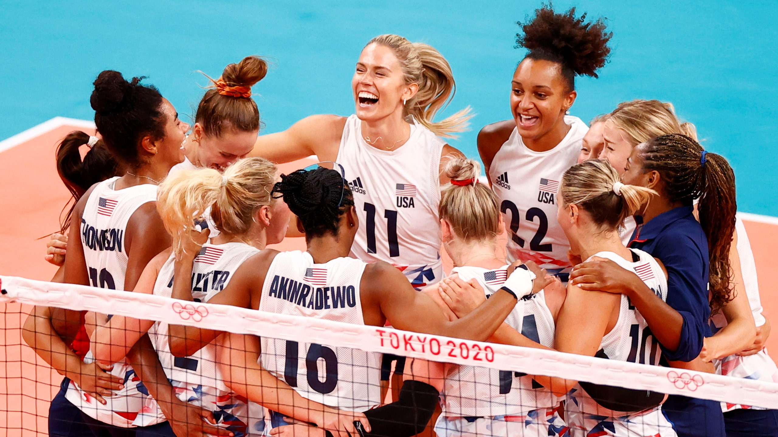 Tokyo 2020 Olympics - Volleyball - Women's Pool B - China v United States - Ariake Arena, Tokyo, Japan – July 27, 2021. Andrea Drews of the United States celebrates with teammates. 